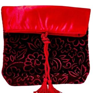 Guerlain Paris Cosmetic Pouch New Dark Red Embossed Velvet & Satin